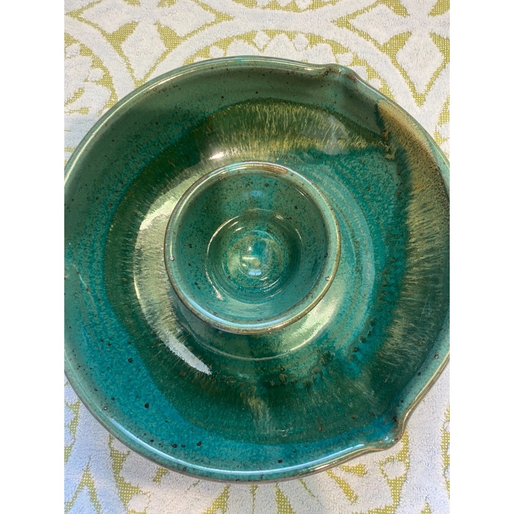 Sturbridge Handmade Signed Pottery Bowl Chip & Dip Drip Glaze Green Brown PRETTY